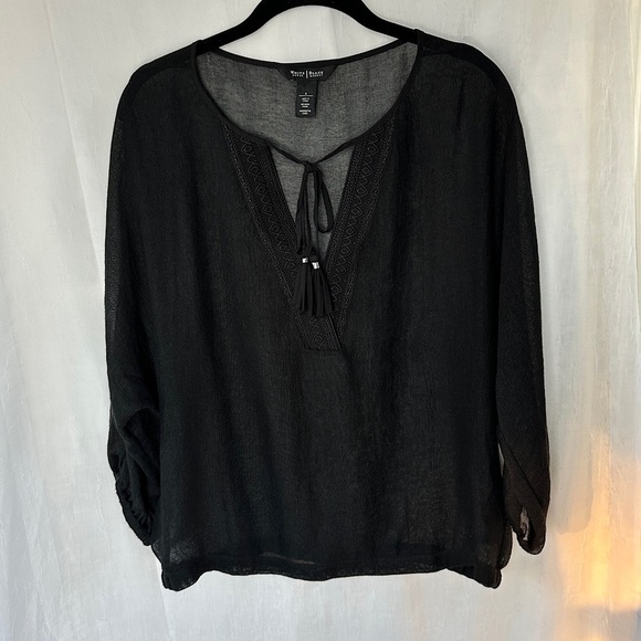 3/$20 💥 WHBM Sheer Black Blouse Embroidered V-Neck w/ Tassels - Picture 1 of 17